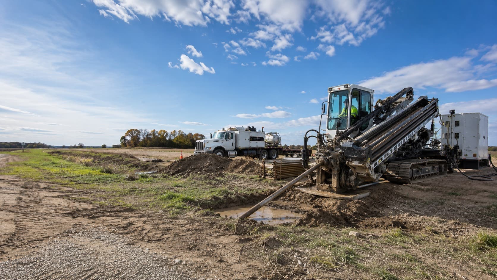 A tracked directional drill rig set up at a bore pit on an open rural site, the drill stem angled into the ground and an operator in a hi-vis vest at the controls in the cab, with a support truck, a vacuum unit, and a rack of drill rod staged along the access track behind