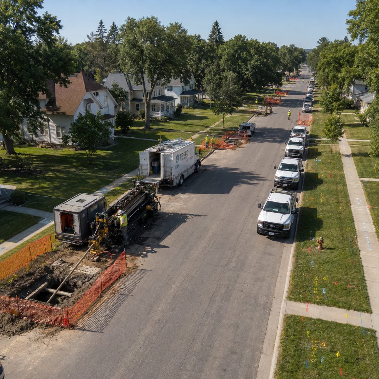 Aerial view of a whole-city fiber build along a residential street: a directional drill rig set up at a bore pit, support trucks staged down the block, and locate flags marking the route